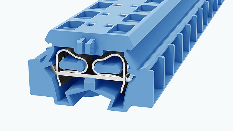 Заземляющая клемма WS2.5T-DB-01P-12 - Проходная клемма, 4 точки подключения, тип фиксации провода: пружинный,номинальное сечение: 2,5 мм кв.,  24А, 800V,ширина: 10 мм, цвет: синий, тип монтажа: монтажный фланец