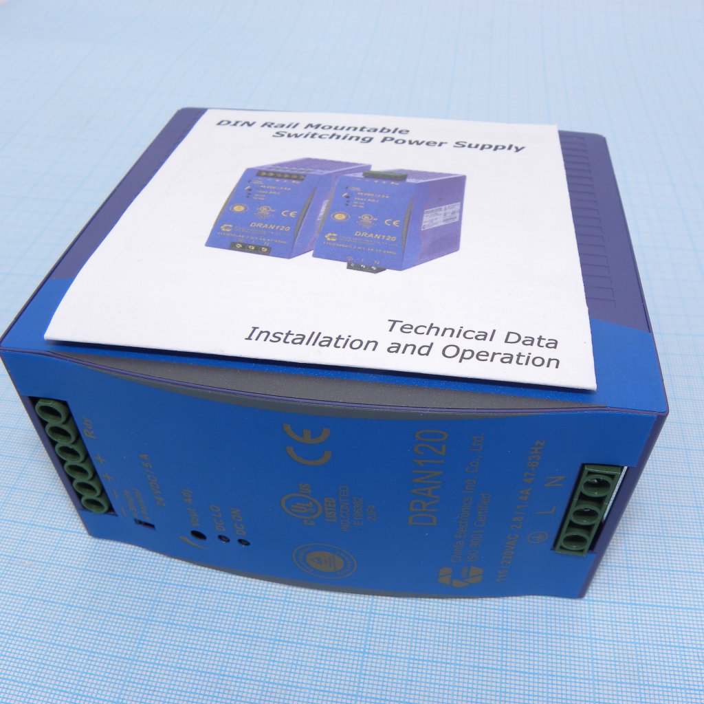 DRAN120-24A - Преобразователь AC-DC на DIN-рейку  120Вт, выход 24В/5A (рег. 22.5...28.5В), вход 186…264V AC, 47…63Гц / 210…370VDC, PFC+паралл., изоляция 3000V AC, : 126х114х64мм, винтовые клеммы, -35…+71°С