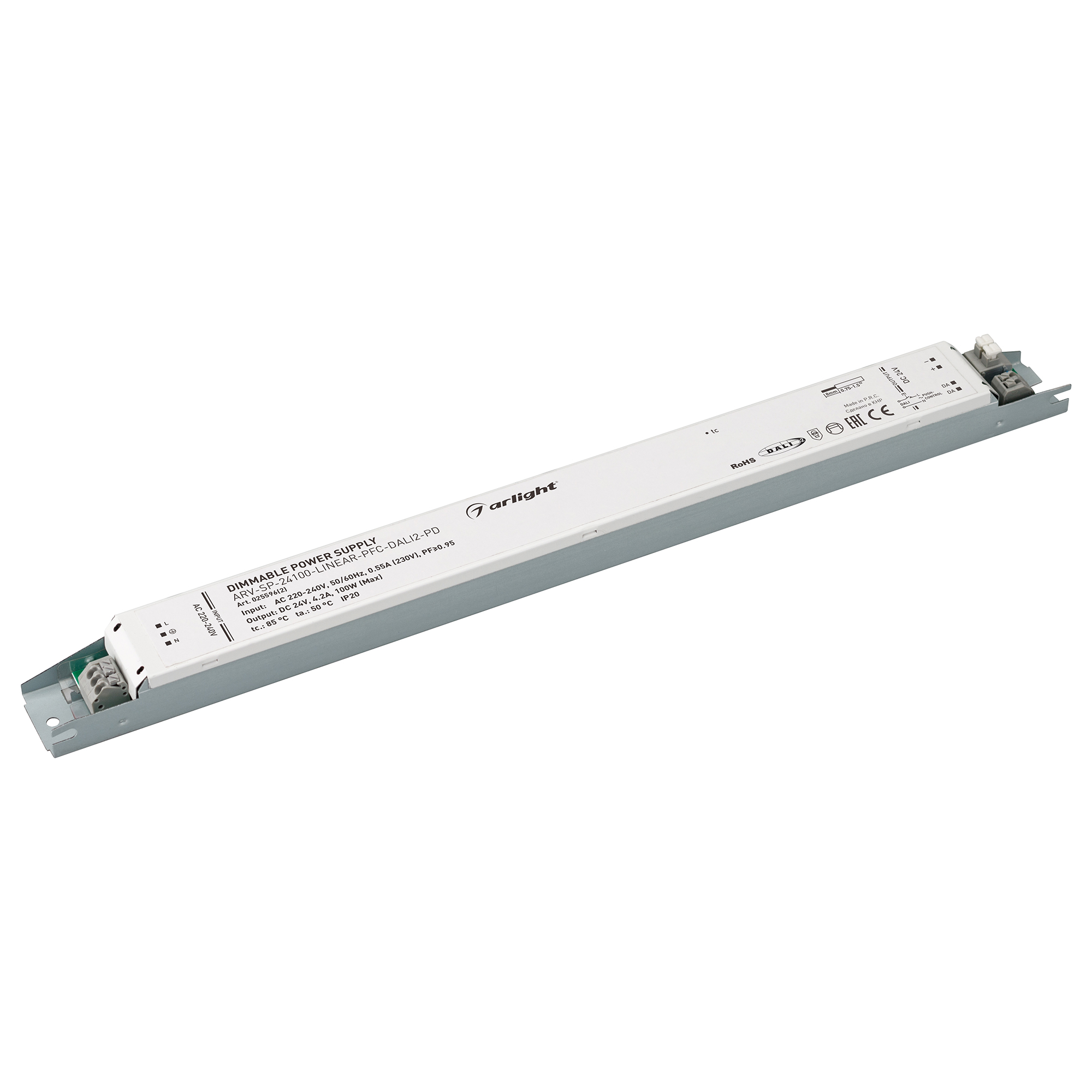 Блок питания ARV-SP-24100-LINEAR-PFC-DALI2-PD (24V, 4.2A, 100W) 025596(2) - Диммируемый источник напряжения по протоколу DALI 2.0 и функцией PUSH DIM с гальванической развязкой для светодиодных изделий. Входное напряжение 220-240 VAC. Выходные параметры: 