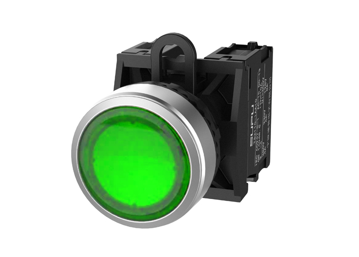 Кнопка плоская (зеленая) TS2021-0CL20 - Кнопка круглая плоская, с блокировкой, с подсветкой, алюминиевое переднее кольцо, без контактной группы, диаметр головки кнопки 29,5 мм, диаметр посадочного отверстия: 22 мм, цвет: зеленый