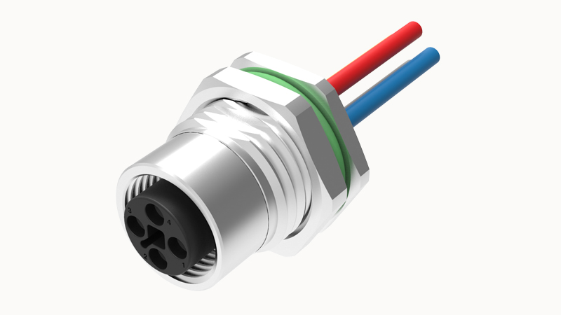 Розеточный разъем SD-M12T-04P-FF-SF8A50 - Розеточный разъем в панель, 4 полюса, M12, гайка спереди, с проводом, Т-Code, сечение проводовников: 0.34 мм кв., (цвет проводовников: коричневый, белый, синий, черный), 4А, 250V, PG9, металл