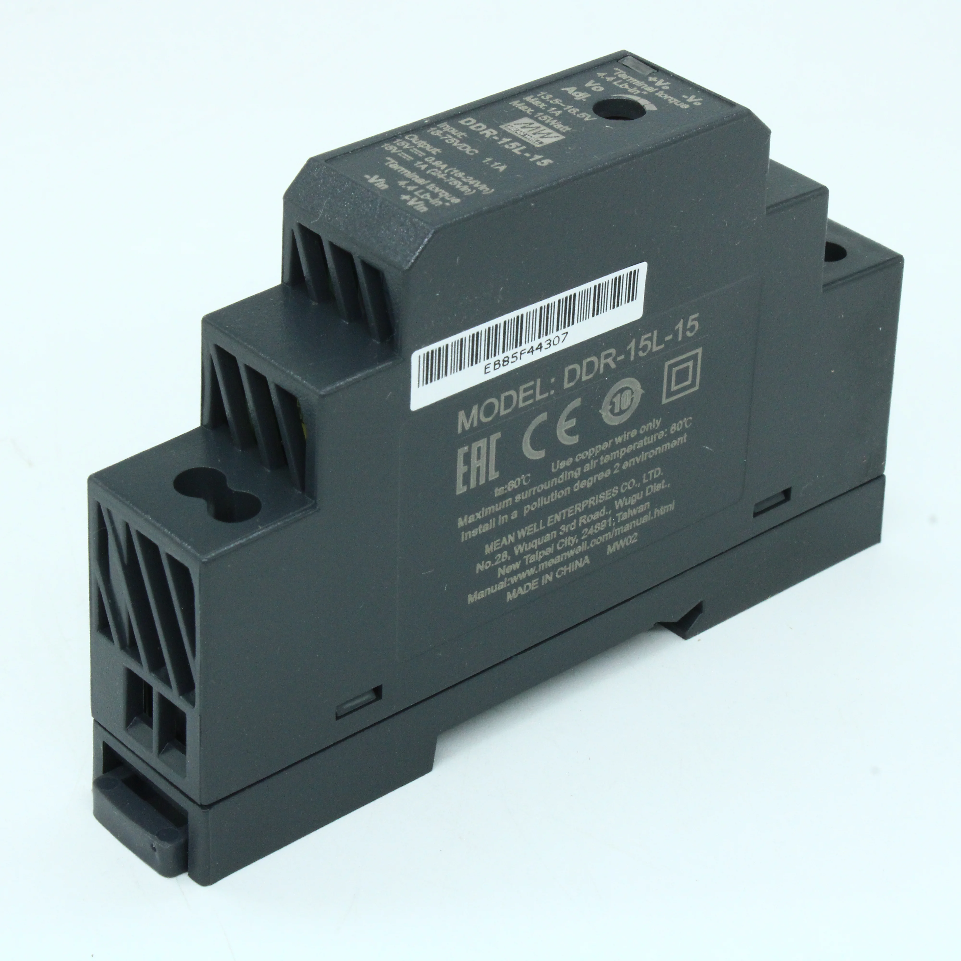 DDR-15L-15 - DC-DC, 15Вт, вход 18…75 В DC, выход 15В/1А, изоляция 4000В DC, в кожухе на DIN-рейку, 17.5х90х54.5мм, -40...+85°С