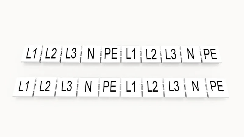 Марк.  полоска ZB10-10P-19-89Z(H) - Маркировочные шильдики для клемм WS…, DC…, PC…, сечением 10 мм кв., центральная, 10 шильдиков нанесенные символы: L1 L2 L3 N PE L1 L2 L3 N PE, с вертикальным расположением, размер шильдика: 9,3х10,7 мм, цвет белый