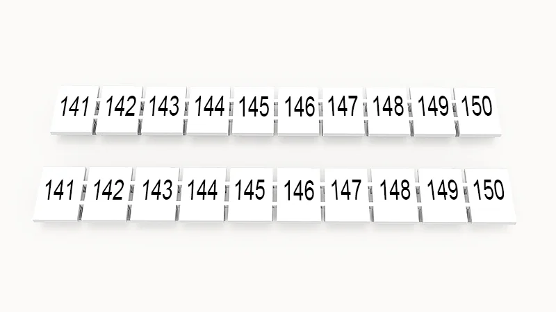 Марк.  полоска ZB8-10P-19-20Z(H) - Маркировочные шильдики для клемм WS…, DC…, PC…, сечением 6 мм кв., центральная, 10 шильдиков нанесенные символы: 141-150, с вертикальным расположением, размер шильдика: 7,45х10,7 мм, цвет белый