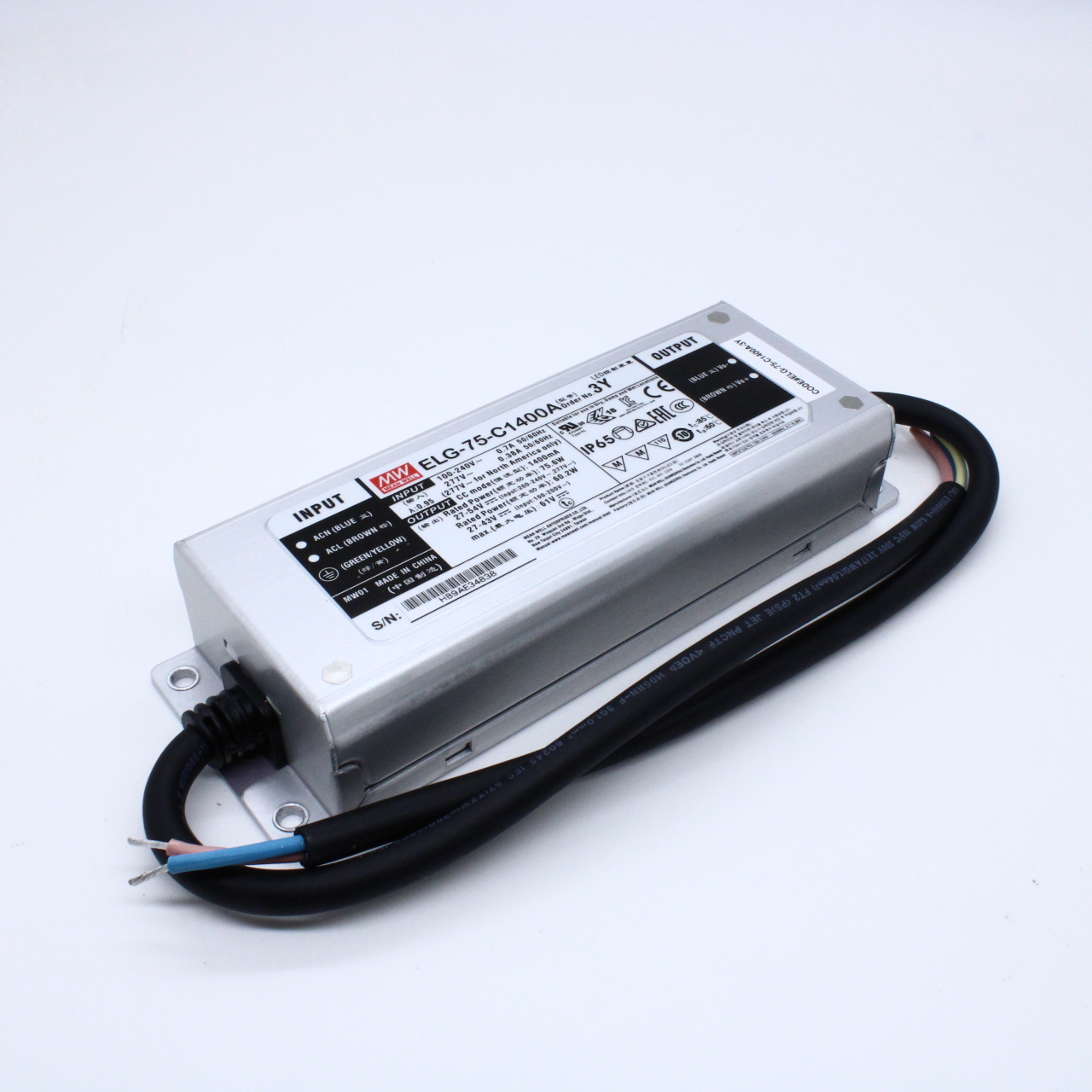 ELG-75-C1400A-3Y - AC-DC, 75.6Вт, IP65, вход 100…305В AC, 47…63Гц/142…431В DC, ККМ, выход 27…54В/1400мА, изоляция 3750В AC, в кожухе 180х63х35.5, -40…+85°С (корпус), рег. выхода, с проводом заземления