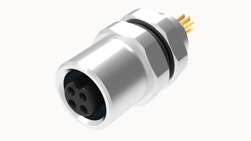 Розеточный разъем SD-M5A-04P-FF-SH7001 - Розеточный разъем в панель, 4 полюса, M5, гайка сзади, фиксация провода пайкой, A-Code, 1A, 60V, M5*0.5, металл