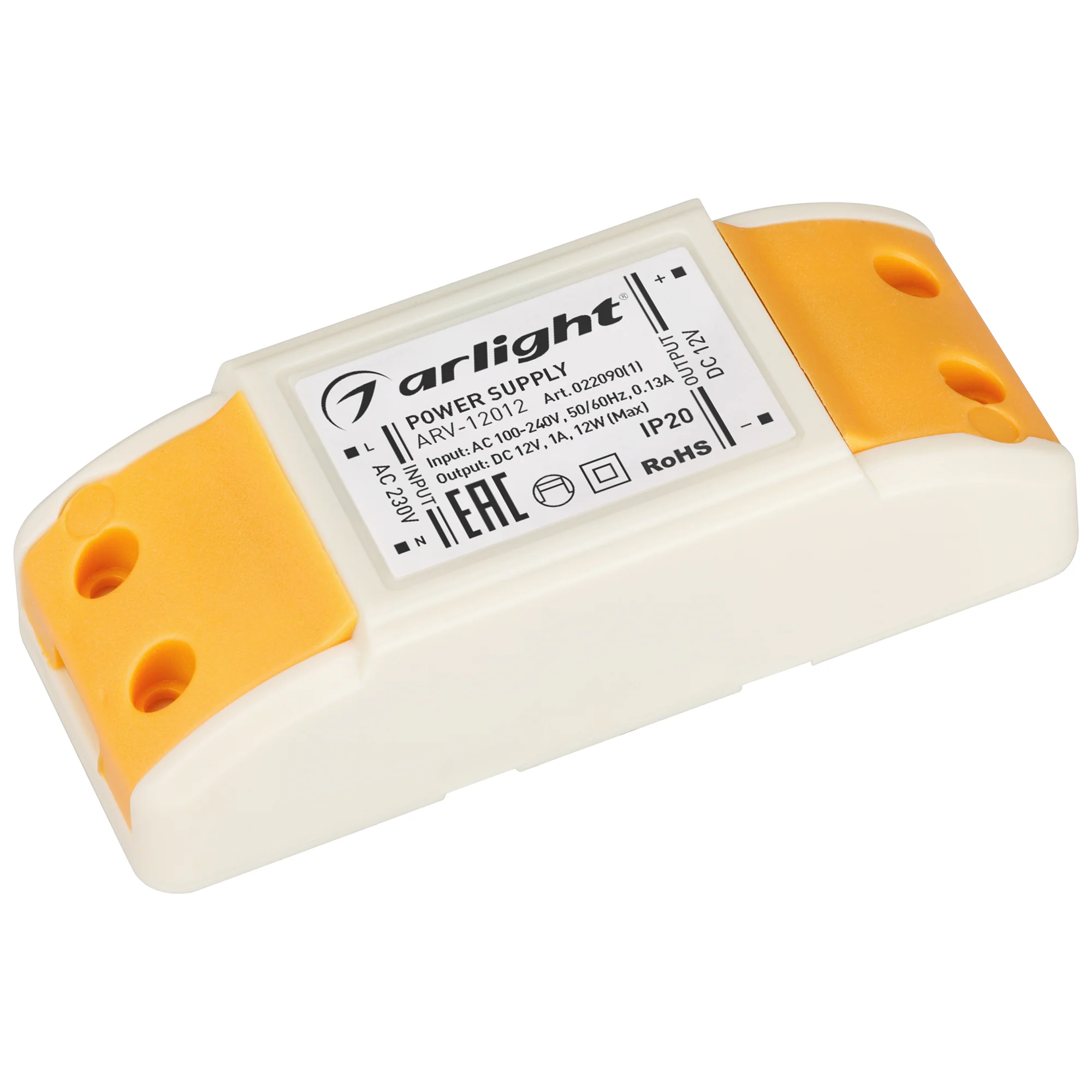 Блок питания ARV-12012 (12V, 1A, 12W) 022090(1) - Источник напряжения с гальванической развязкой для светодиодных изделий. Входное напряжение 100-240 VAC. Выходные параметры: 12 В, 1 А, 12 Вт. Встроенный PFC >0,5. Негерметичный пластиковый корпус IP 20. Г