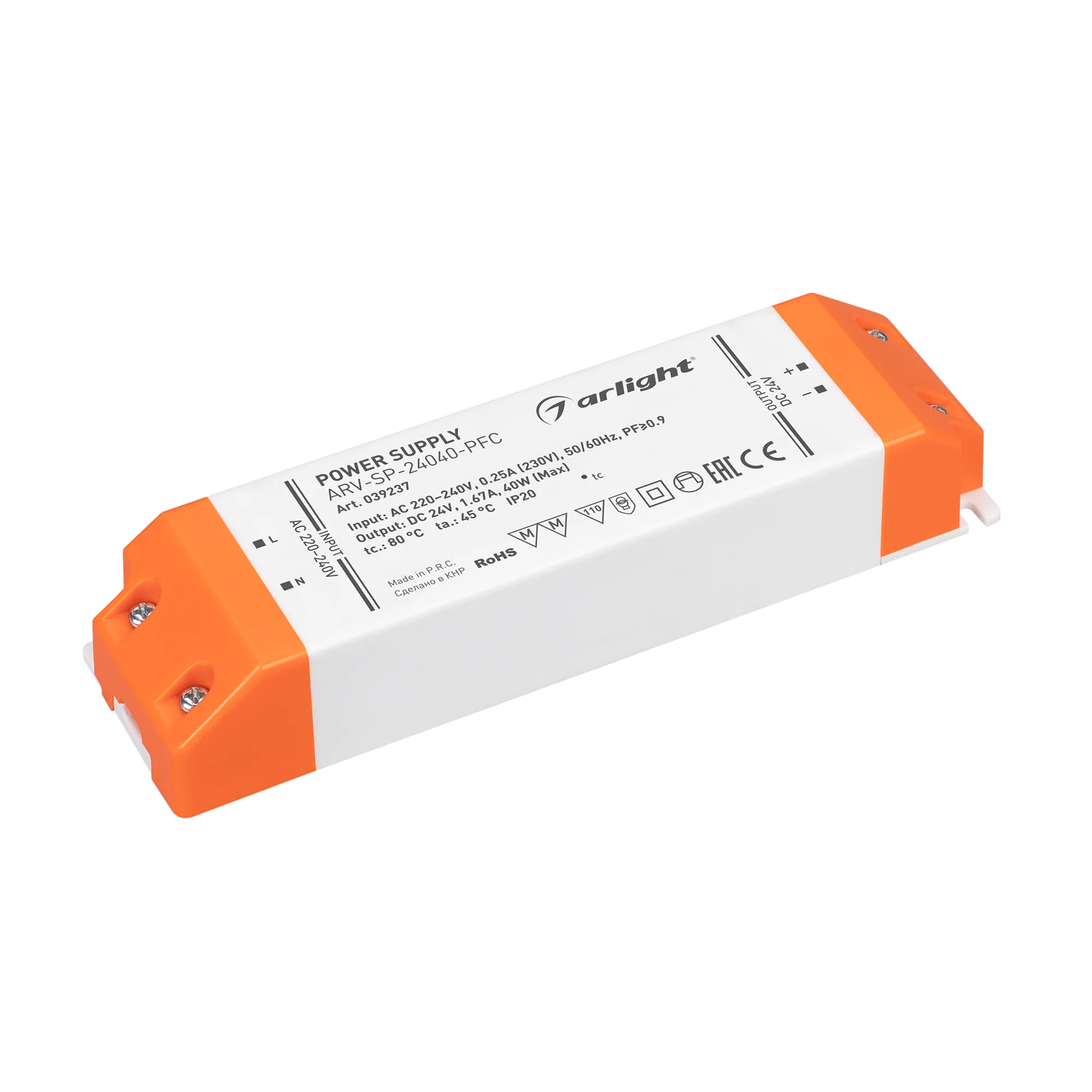 Блок питания ARV-SP-24040-PFC (24V, 1.67A, 40W) 039237 - Источник напряжения с гальванической развязкой для светодиодных изделий. Входное напряжение 220-240 VAC. Выходные параметры: 24 В, 1.67 А, 40 Вт. Встроенный PFC >0.9. Негерметичный пластиковый корпу