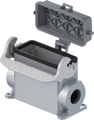 Закрытое основание разъема 76.345.6435.1 - Основание разъема на панель, закрытое, типоразмер с уплотнителем, 1 отверстие с резьбой для кабельных вводов M32x1,5, с левым расположением, с одной защелкой, с защитной крышкой, материал корпуса: алюминиевый спл