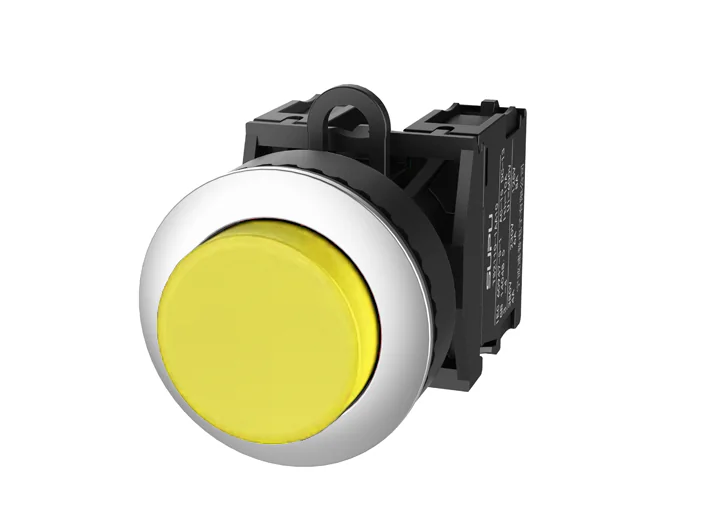 Кнопка выпуклая (желтая) TS2520-0DM30-R10 - Кнопка круглая выпуклая, без блокировки, без подсветки, утопленное алюминиевое переднее кольцо, с плавным нажатием, с контактной группой 1NO, диаметр головки кнопки 36 мм, диаметр посадочного отверстия: 22 мм, ц