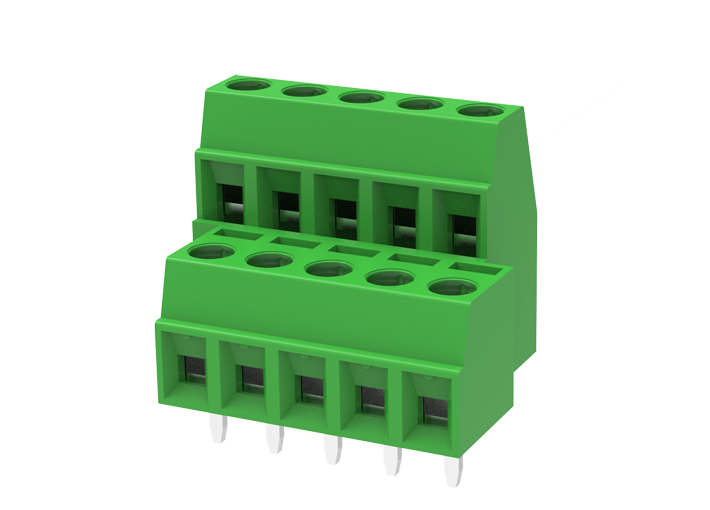 Розеточный разъем на плату MC-DTM3.81H04C-0001 - Клемма, 2 этажа со смещением, на плату, шаг: 3.81 мм, 2x2 полюса, фиксация провода винтовая, исполнение: стандартное, 160V, 8A, цвет: зеленый