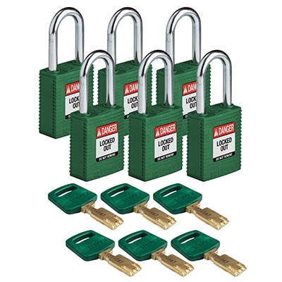 gws150337 - Замки SafeKey нейлоновые со стальной дужкой, высота дужки – 38 мм, диаметр дужки – 6.4 мм, нейлоновый корпус, размеры корпуса – 46х38х19 мм, цвет – зеленый, 6 шт/упак