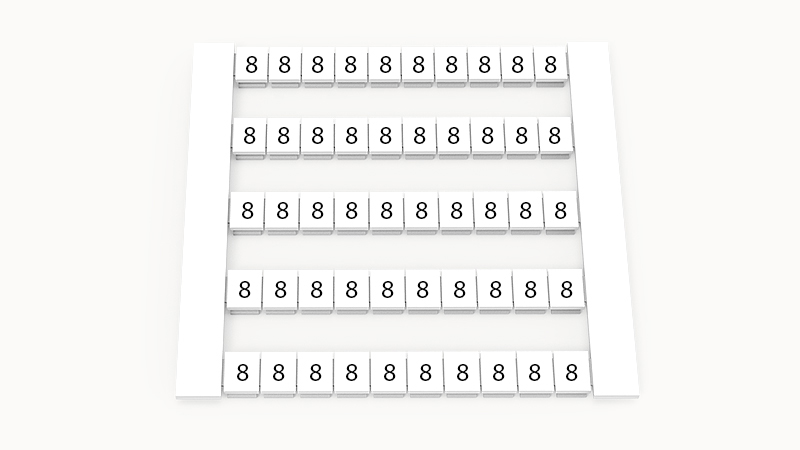 Марк. кассета DEK5-50P-19-82Z(H) - Маркировочные шильдики для клемм WS…, сечением 2,5 мм кв., боковая, 50 шильдиков, нанесенные символы: 8, по 5 полосок,с вертикальным расположением, размер шильдика: 4,8х5,5 мм, цвет белый
