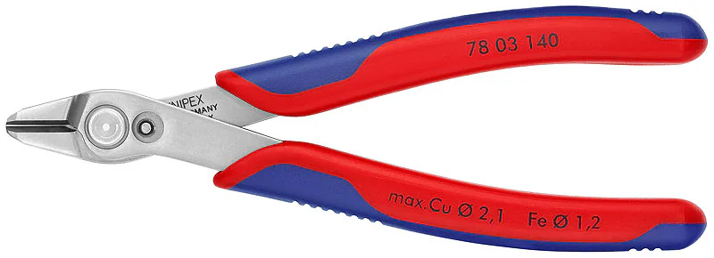 Бокорезы прецизионные, нерж., 140 мм, 2-комп ручки KN-7803140 - Electronic Super Knips® XL Бокорезы с прочными круглой формой головками, рез плоский без фаски, диаметр мягкой проволоки до 2.1мм, для среднетвердой проволоки до 1.2мм, двухкомпонентные рукоя