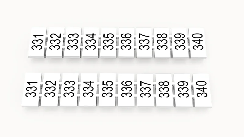 Марк.  полоска ZB5-10P-19-255Z(H) - Маркировочные шильдики для клемм WS…, DC…, PC…, сечением 2,5 мм кв., центральная, 10 шильдиков, нанесенные символы: 331-340 с горизонтальнымрасположением, размер шильдика: 4,55х10,7 мм, цвет белый