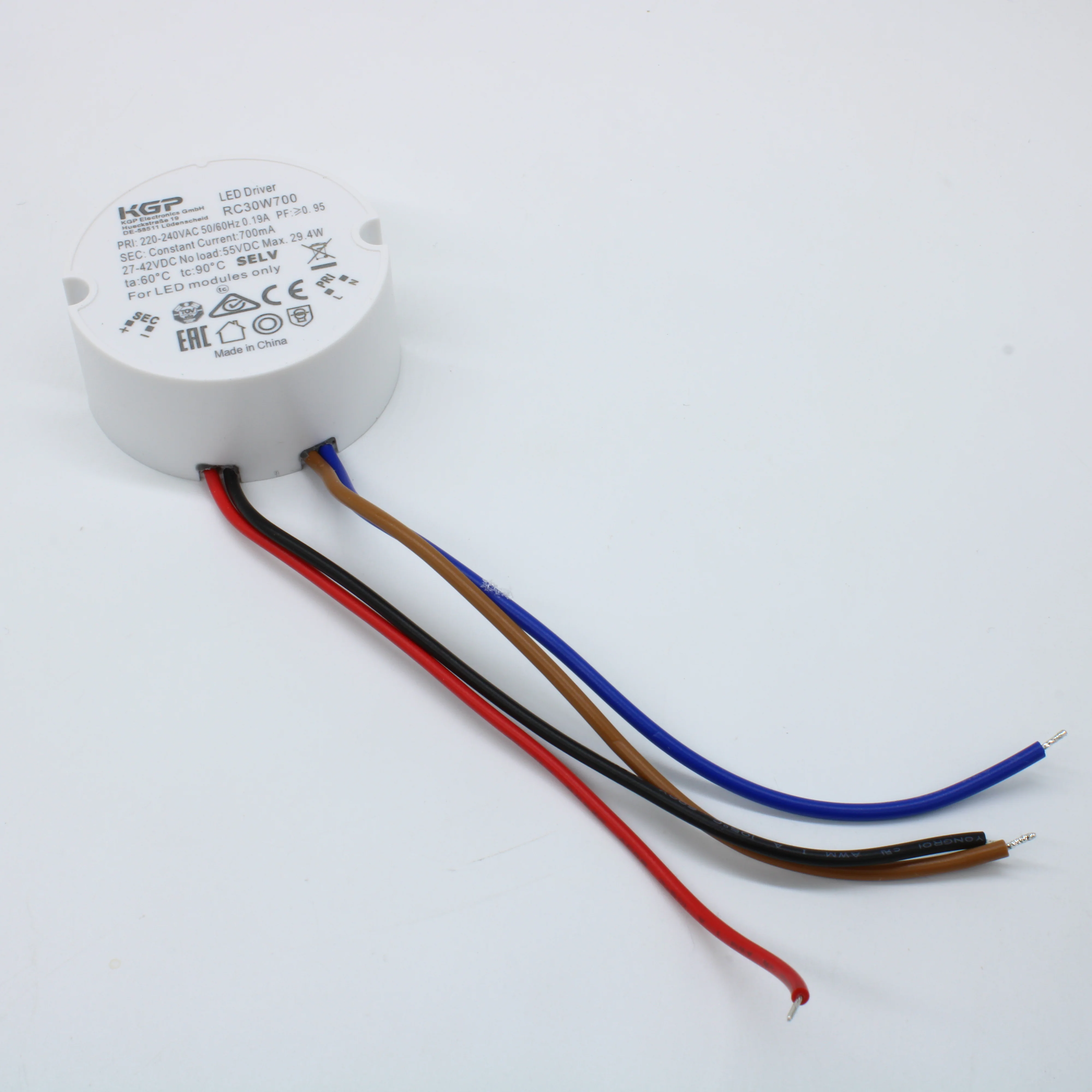 RC30W700 - AC-DC, 30Вт, токовый выход, вход 198…264В AC, выход 700мА/27…42В, ККМ, в кожухе Ф57х25,5 мм, -20…+60°С