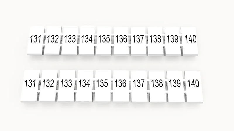 Марк.  полоска ZB6-10P-19-25Z(H) - Маркировочные шильдики для клемм WS…, DC…, PC…, сечением 4 мм кв., центральная, 10 шильдиков нанесенные символы: 131-140, с вертикальным расположением, размер шильдика: 5,55х10,7 мм, цвет белый