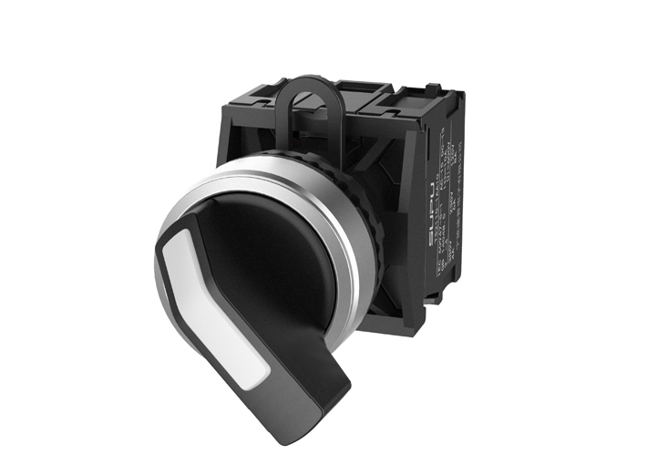 Селекторный переключатель (черный) TS2520-1BE60-S20 - Переключатель, длинная ручка, 3-х позиционный, пружинный самовозврат из правого положения, без подсветки, алюминиевое переднее кольцо, с мгновенным нажатием, с контактной группой 2NO, диаметр головки к