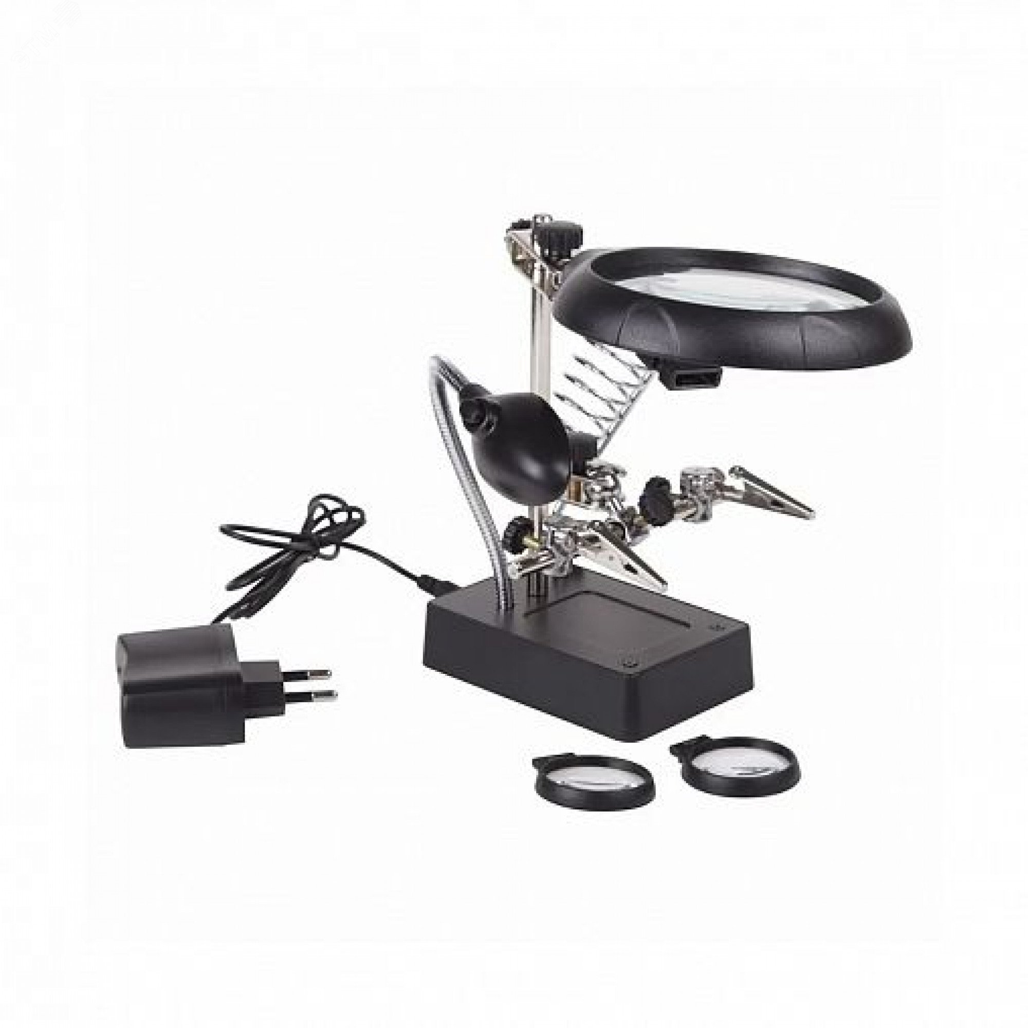 Держатель -Третья рука- - 2 зажима, линза 90мм + 2х34мм, подставка паяльника, LED подсветка