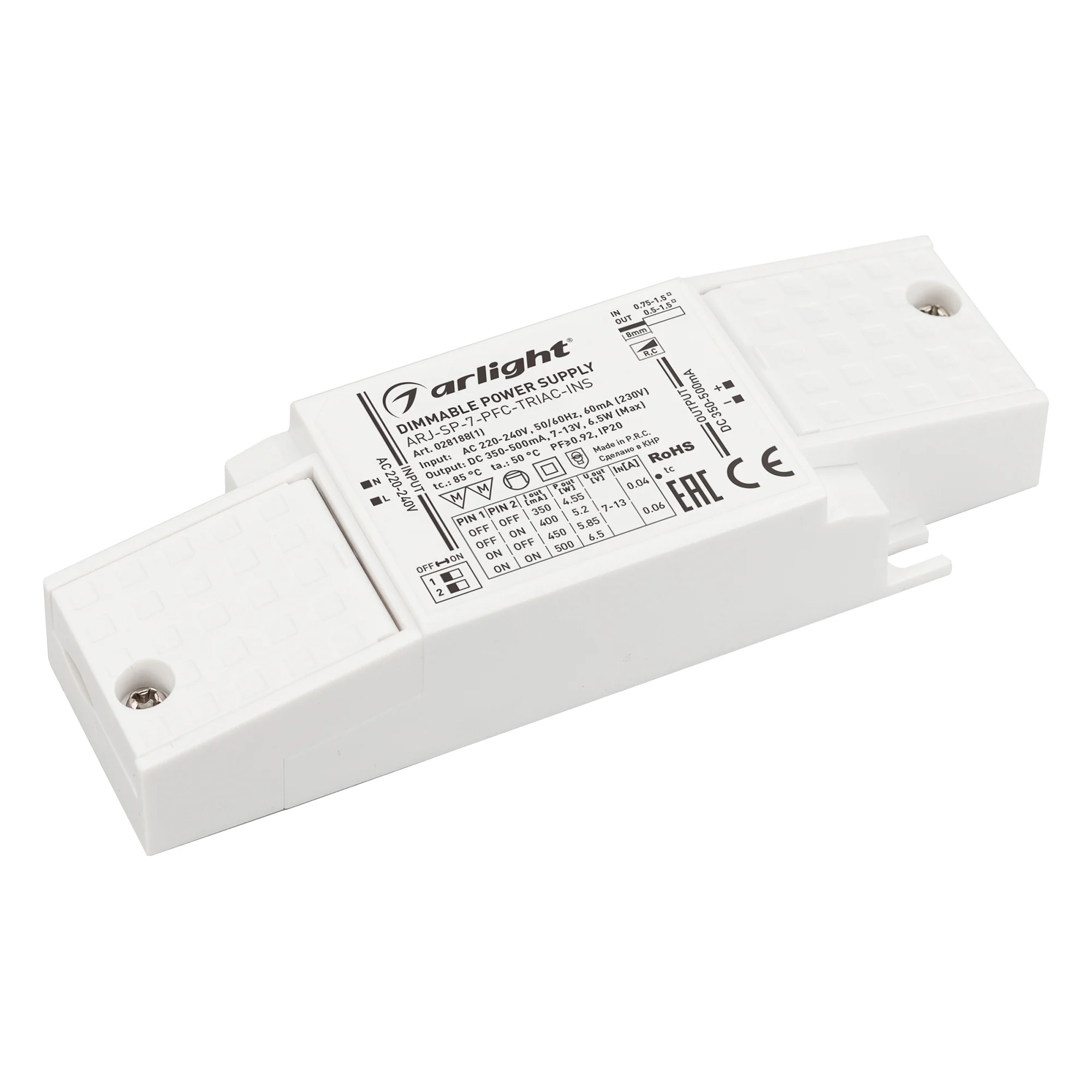 Блок питания ARJ-SP-7-PFC-TRIAC-INS (7W, 7-13V, 0.35-0.5A) 028188(1) - Диммируемый источник тока по стандарту TRIAC с гальванической развязкой для светильников и мощных светодиодов. Входное напряжение 220-240 VAC. Выходные параметры: 7-13 В, 350-500 mА, 6