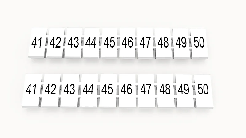 Марк.  полоска ZB6-10P-19-13Z(H) - Маркировочные шильдики для клемм WS…, DC…, PC…, сечением 4 мм кв., центральная, 10 шильдиков нанесенные символы: 41-50, с вертикальным расположением, размер шильдика: 5,55х10,7 мм, цвет белый