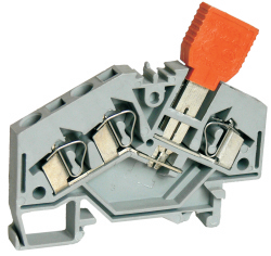 Клемма с ножевым размыкателем UJ1-2.5/3S - Клемма с ножевым размыкателем, 3 точки подключения в клемме, тип фиксации провода: пружинный, номинальное сечение: 2,5 мм кв., 24A, 660V, ширина: 6,5 мм, цвет: серый, тип монтажа: DIN 35