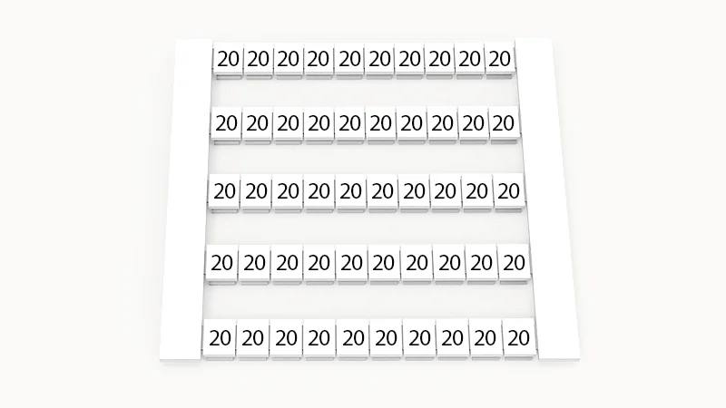 Марк. кассета DEK5-50P-19-126Z(H) - Маркировочные шильдики для клемм WS…, сечением 2,5 мм кв., боковая, 50 шильдиков, нанесенные символы: 20, по 5 полосок,с вертикальным расположением, размер шильдика: 4,8х5,5 мм, цвет белый