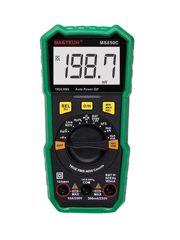 MS850C - Мультиметр цифровой с TrueRMS, тест батареек, NCV, hFE, детектор фаза/ноль, частота, емкость, ток 10А, фонарик