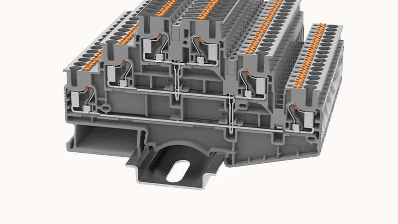 Этажная клемма DS2.5-3L-PV-01P-11 - Этажная клемма, с перемычкой между этажей, тип фиксации провода: Push-in, номинальное сечение: 2.5 мм кв., 20A, 500V, ширина: 5,2 мм, цвет: серый, втычная перемычка, тип монтажа: DIN35