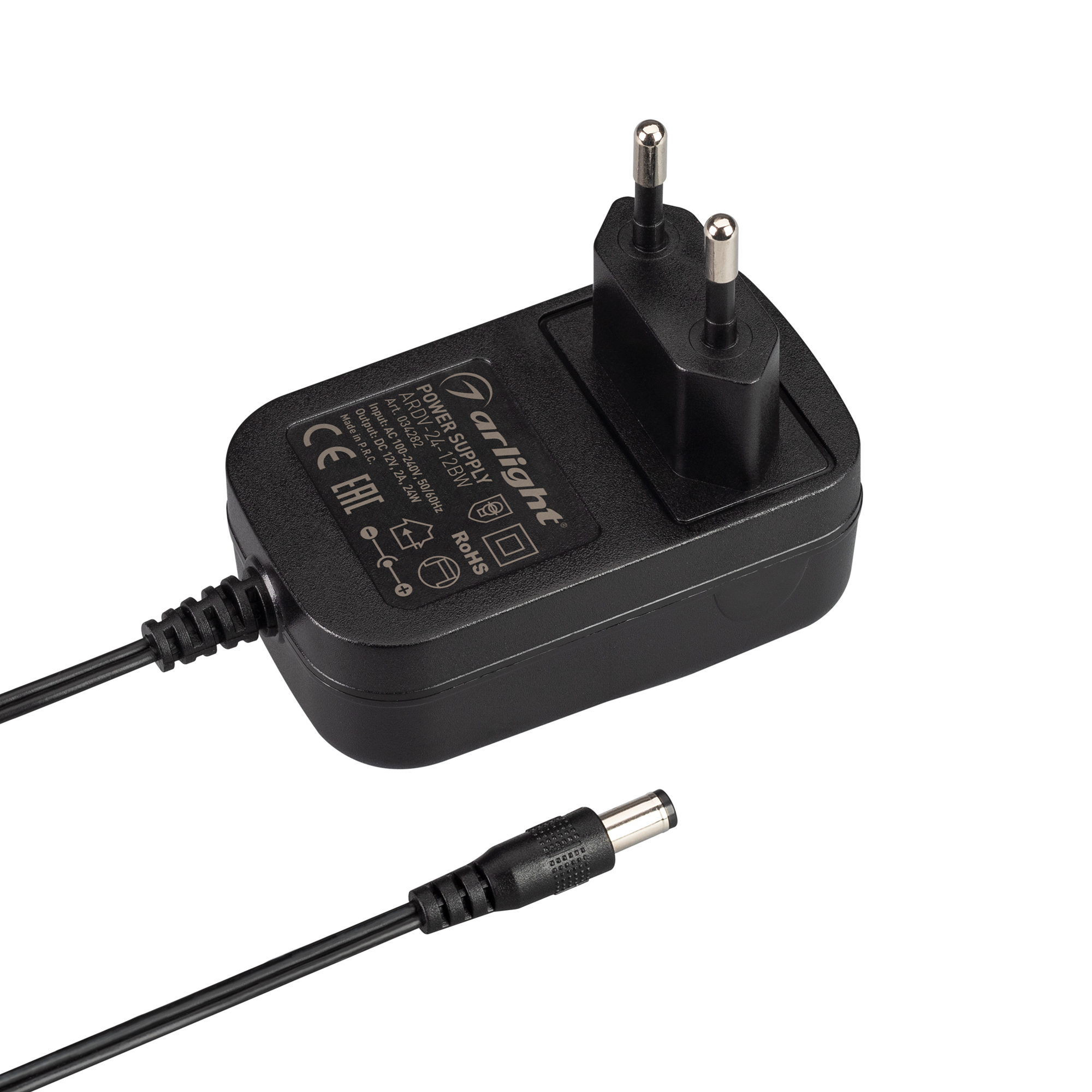 Блок питания ARDV-24-12BW (12V, 2A, 24W) 034282 - Сетевой адаптер с гальванической развязкой для светодиодных лент 12 В (черный корпус). Мощность 24 Вт. Вход:100-240VAC, Выход: DC12V 2A, длина кабеля 1.5 м, коннектор 5.5x2.1x10мм. Размер 75x45x32 мм (разм