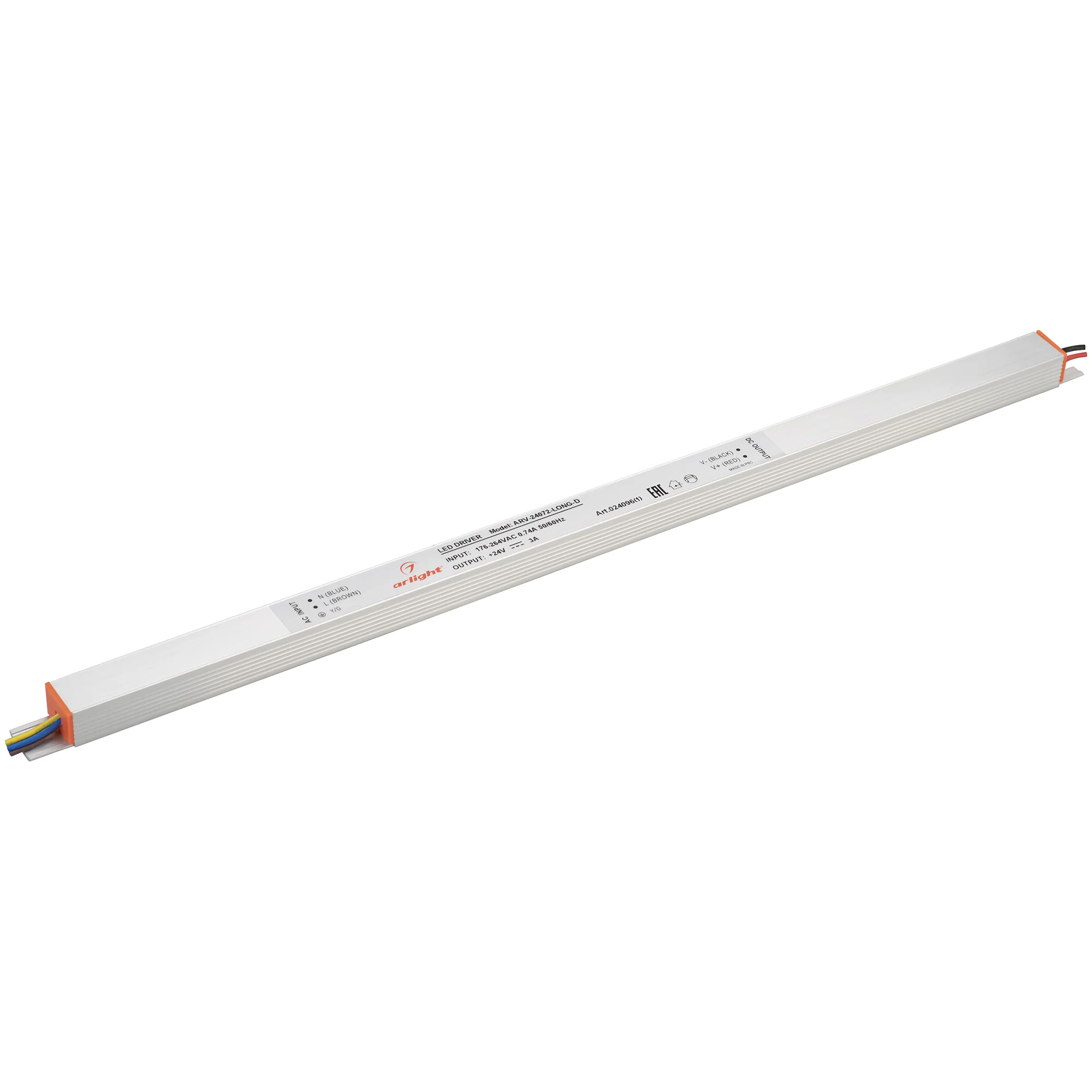 Блок питания ARV-24072-LONG-D (24V, 3A, 72W) 024096(1) - Источник напряжения с гальванической развязкой для светодиодных изделий. Входное напряжение 200-240 VAC. Выходные параметры: 24 В, 3 А, 72 Вт. Встроенный PFC >0,5. Негерметичный алюминиевый корпус I
