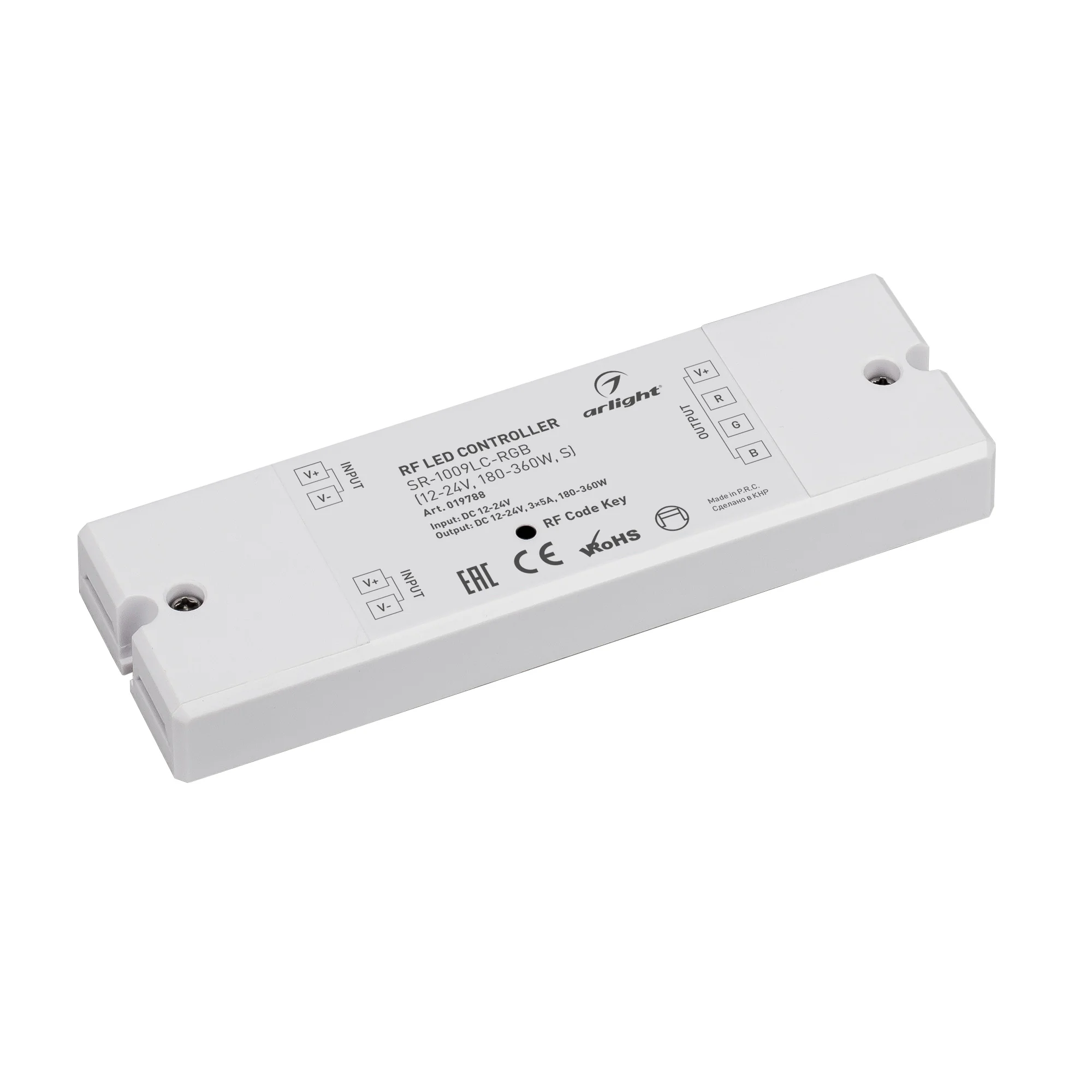 Контроллер SR-1009LC-RGB (12-24V, 180-360W, S) 019788 - Контроллер для светодиодной RGB ленты (ШИМ). Питание/рабочее напряжение 12-24VDC, максимальный ток 5A на канал, 3 канала, максимальная мощность 180-360W. Винтовые клеммы. Корпус - PVC. Габариты 145х4