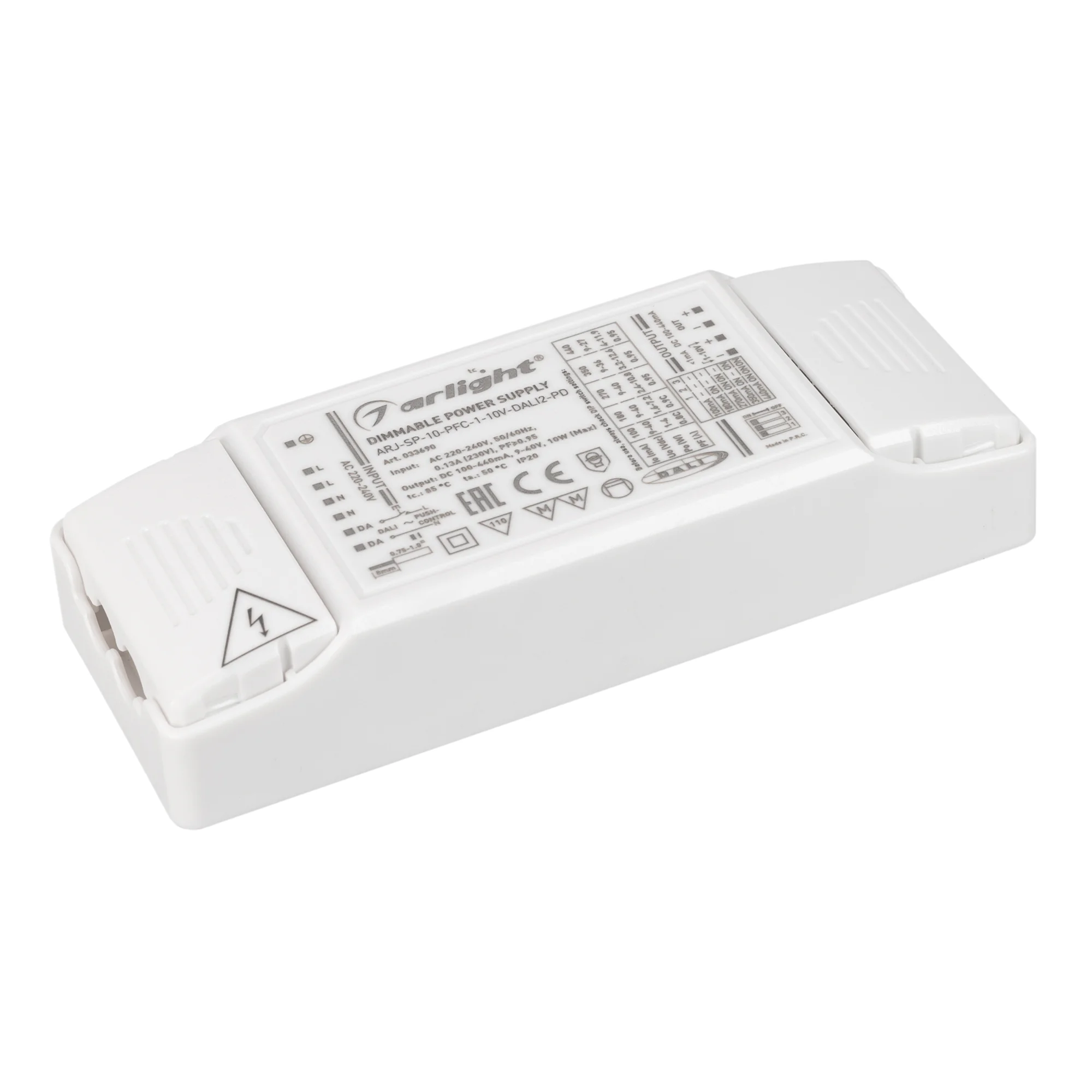 Блок питания ARJ-SP-10-PFC-1-10V-DALI2-PD (10W, 100-440mA) 033690 - Диммируемый мультитоковый блок питания с управлением DALI 2.0 (диапазон 0.1-100%) и 1-10V (диапазон 2%-100%) с гальванической развязкой. Функция PUSH DIM. Сертификат CE (EMC+LVD). Питание