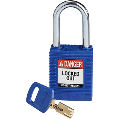 gws150251 - Замок SafeKey нейлоновый со стальной дужкой, высота дужки – 38 мм, диаметр дужки – 6.4 мм, нейлоновый корпус, размеры корпуса – 46х38х19 мм, цвет – синий, 1 шт/упак