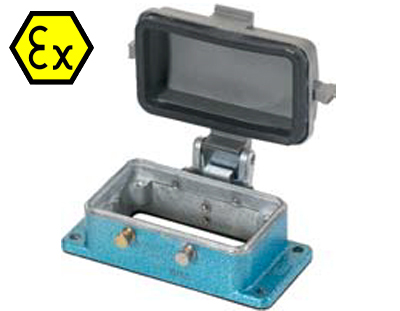 Открытое основание разъема EX 99.704.3329.7 - Основание разъема на панель, открытое, типоразмер 24B, взрывозащищита, с уплотнителем, без защелок (упоры для двух защелок), с защитной крышкой, материал корпуса: цинковый сплав