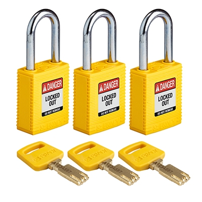 gws150246 - Замки SafeKey нейлоновые со стальной дужкой, высота дужки – 38 мм, диаметр дужки – 6.4 мм, нейлоновый корпус, размеры корпуса – 46х38х19 мм, система "Одинаковые ключи", цвет – желтый, 3 шт/упак
