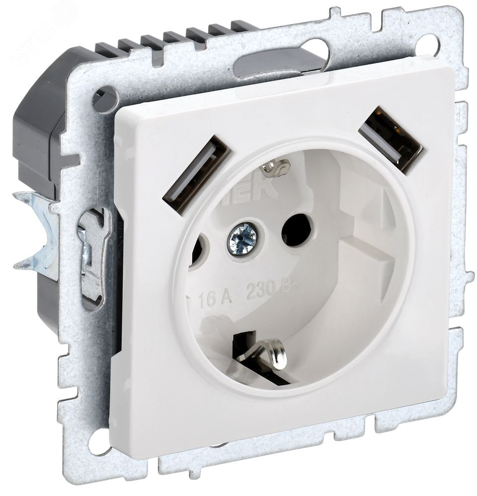 Розетка BRITE РЮш10-2-БрБ 16А с USB A+A 3.1А с заземл. защ. шторки бел. BR-R14-16-U21-D31-K01