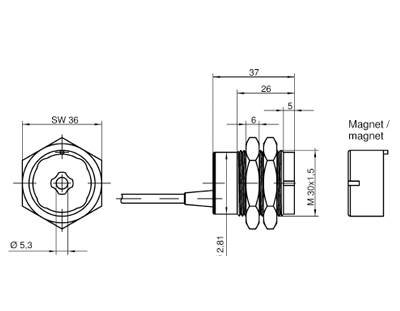 Авт.магн.выкл.SMA 0323 MAGNET SWITCH SET - Магнитный переключатель + магнит, круглая форма, габариты: M30x32 мм, контакт NO/NO, длина кабеля: 3м, степень защиты: IP67, серия SAFETY