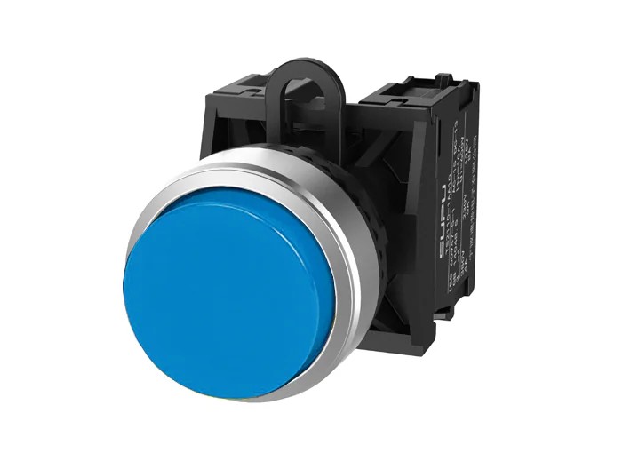 Кнопка выпуклая (синяя) TS2520-0BM40-S20 - Кнопка круглая выпуклая, без блокировки, без подсветки, алюминиевое переднее кольцо, с мгновенным нажатием, с контактной группой 2NO, диаметр головки кнопки 29,5 мм, диаметр посадочного отверстия: 22 мм, цвет: си