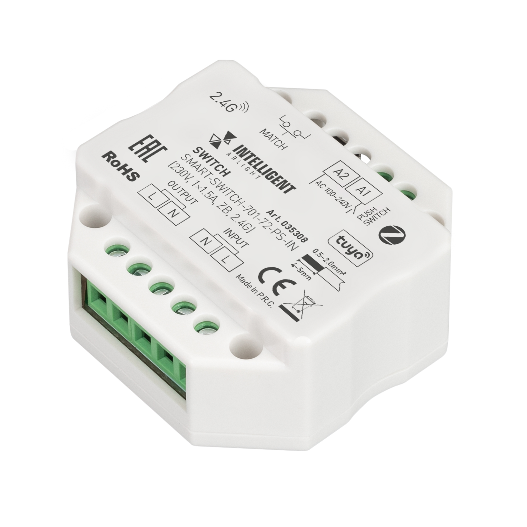 INTELLIGENT ARLIGHT Релейный модуль SMART-SWITCH-701-72-PS-IN (230V, 1x1.5A, ZB, 2.4G) 035308 - Выключатель для любых видов нагрузки AC 230V. Напряжение питания AC 100-240V, максимальный ток нагрузки 1.5А. Управление 2.4G+WiFi, интерфейс Tuya (через Tuya 