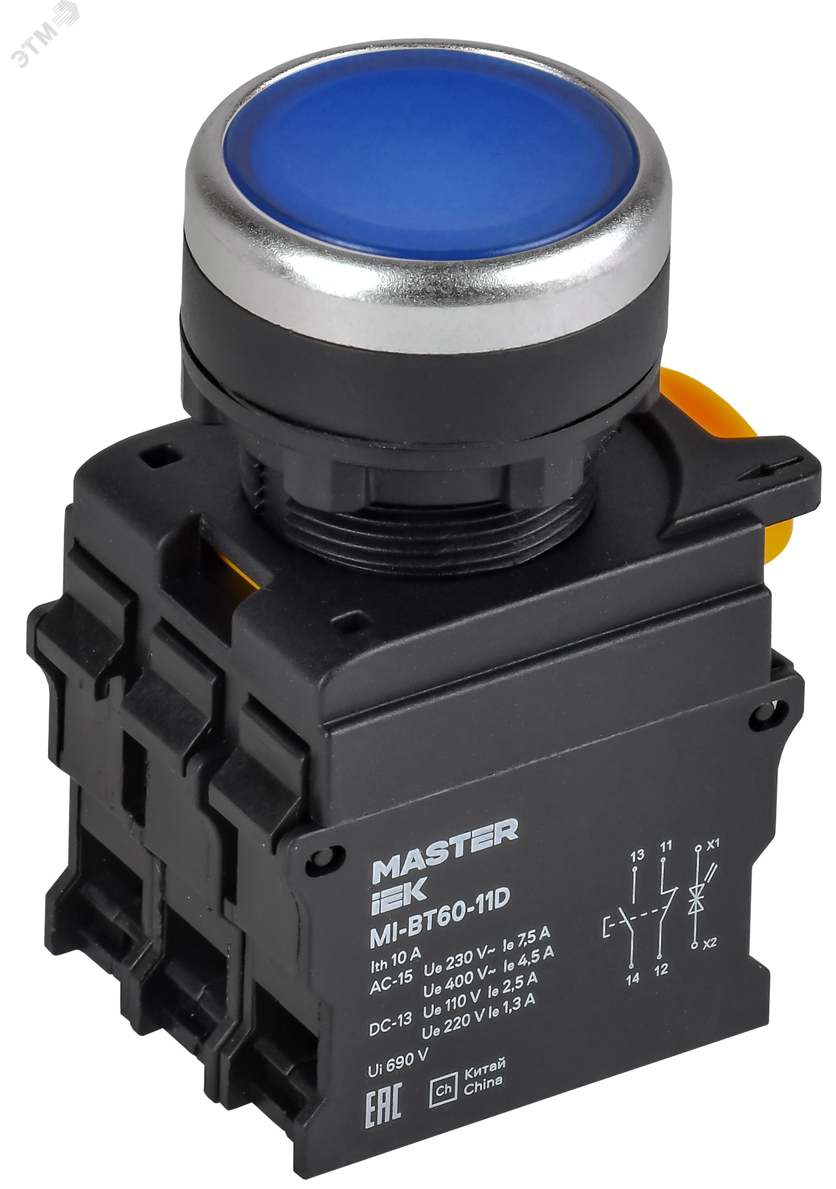 Кнопка с подсветкой d=22мм 1NO+1NC синяя MASTER IEK MI-BT60-11D-3-12-K07