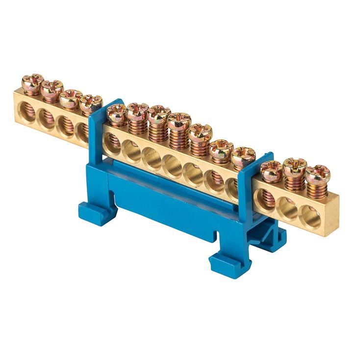 Шина "0" N (6х9мм) 14 отверстий латунь синий изолятор тип "Стойка" на DIN-рейку PROxima sn0-63-14-sb
