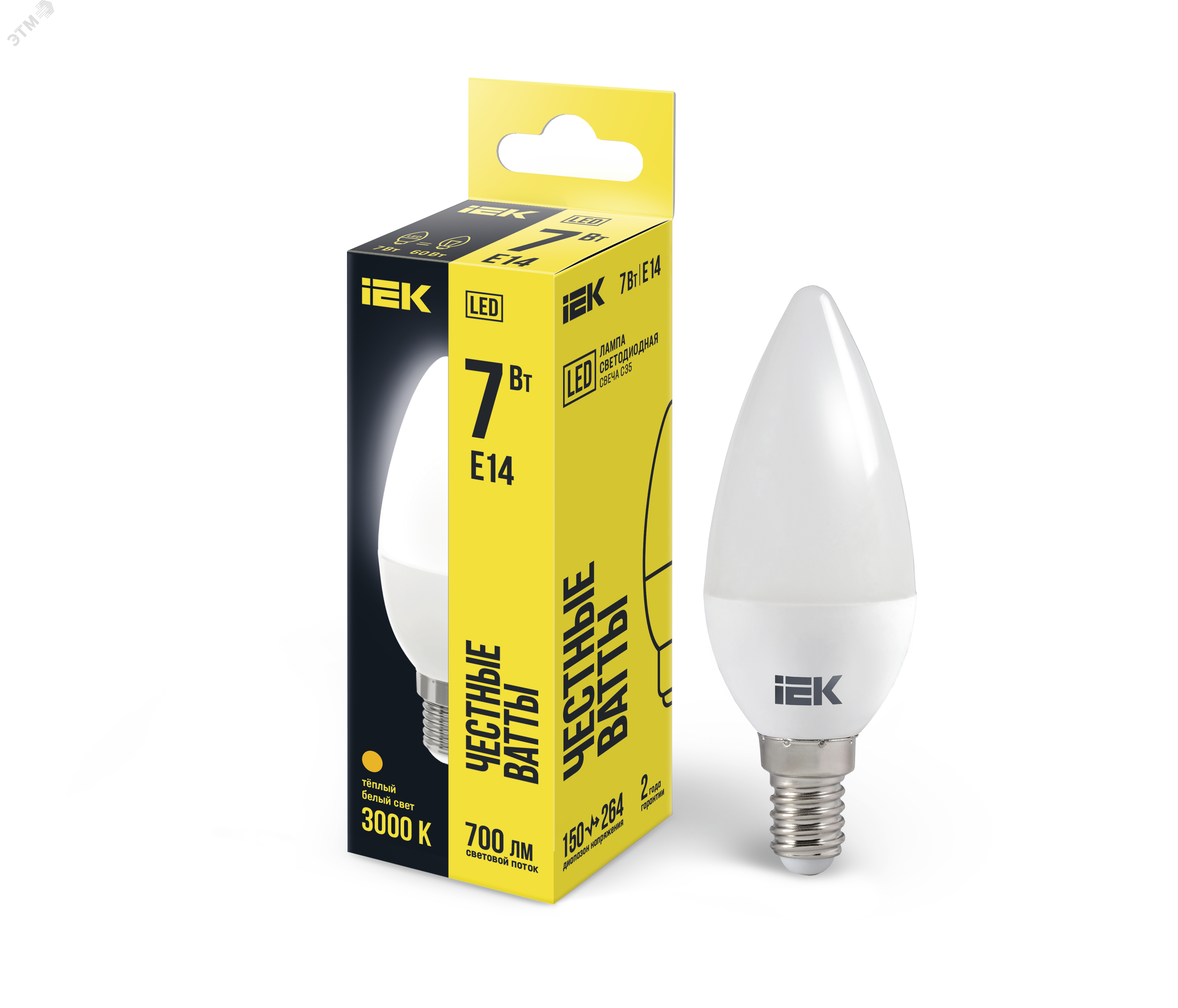Лампа светодиодная ECO C35 7Вт свеча 3000К E14 230В LLE-C35-7-230-30-E14