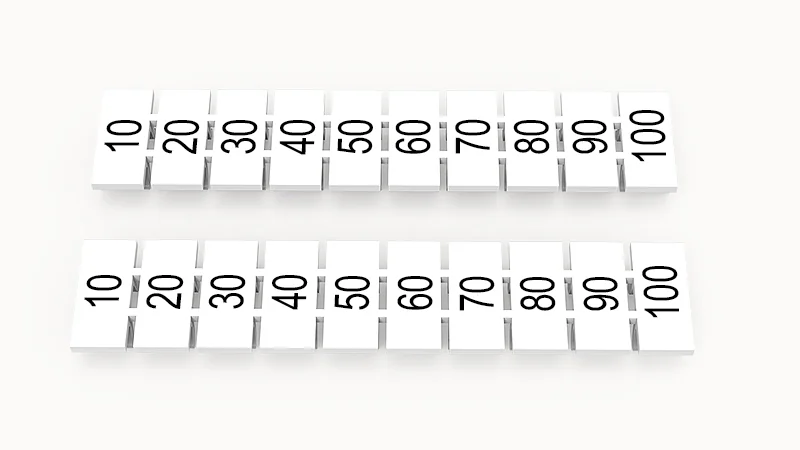 Марк.  полоска ZB6-10P-19-77Z(H) - Маркировочные шильдики для клемм WS…, DC…, PC…, сечением 4 мм кв., центральная, 10 шильдиков нанесенные символы: 10 20 30 40 50 60 70 80 90 100, с горизонтальным расположением, размер шильдика: 5,55х10,7 мм, цвет белый