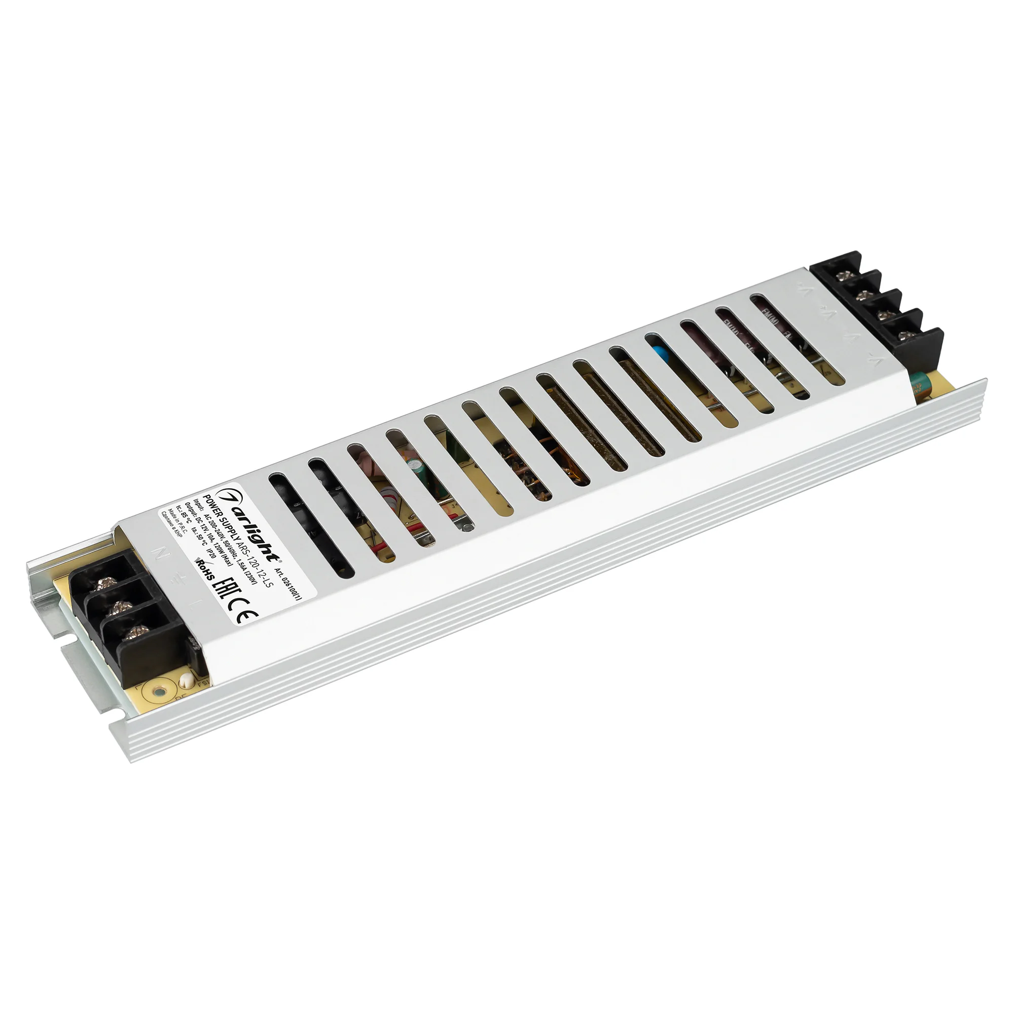 Блок питания ARS-120-12-LS (12V, 10A, 120W) 026100(1) - Источник напряжения с гальванической развязкой для светодиодных изделий. Входное напряжение 200-240 VAC. Выходные параметры: 12 В, 10 А, 120 Вт. Встроенный PFC >0,5. Негерметичный алюминиевый сетчаты