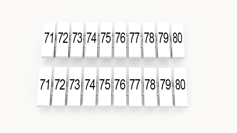 Марк.  полоска ZB5-10P-19-00Z(H) - Маркировочные шильдики для клемм DS…, сечением 1,5 мм кв., центральная, 10 шильдиков нанесенные символы: 71-80, с вертикальным расположением, размер шильдика: 2,95х10,7 мм, цвет белый