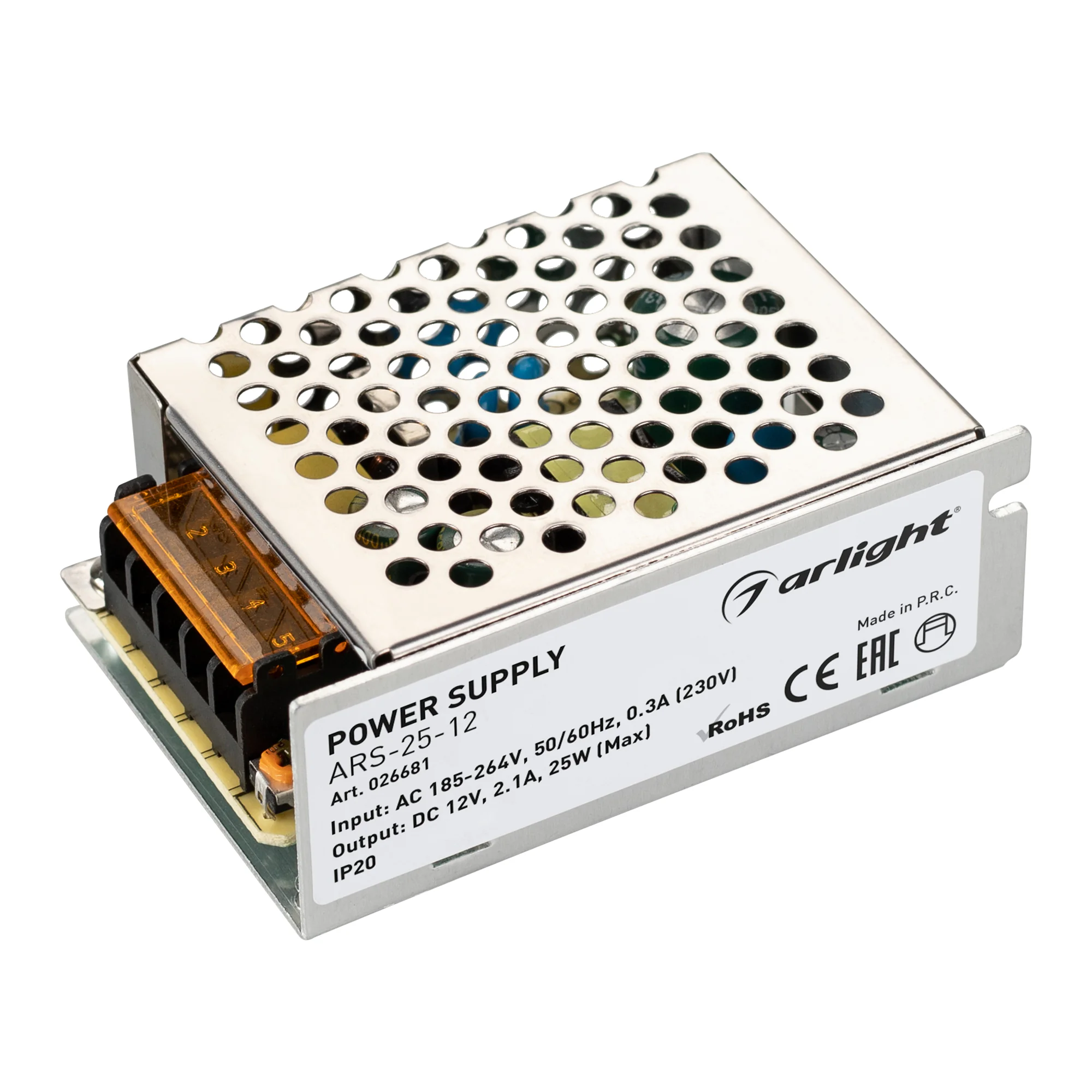 Блок питания ARS-25-12 (12V, 2.1A, 25W) 026681 - Источник напряжения с гальванической развязкой для светодиодных изделий. Входное напряжение 185-264 VAC. Выходные параметры: 12 В, 2,1 А, 25 Вт. Встроенный PFC >0,5. Негерметичный алюминиевый сетчатый корпу