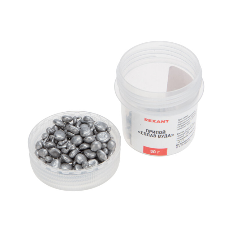 Сплав Вуда, 50г, баночка - Легкоплавкий припой на основе висмута, состав: олово 12,5%, свинец 25%, висмут 50%, кадмий 12,5%
