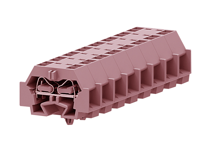 Клемма мини 242349 - Мини клемма, боковой подвод кабеля, 4 точки подключения в клемме, тип фиксации провода: пружинный, номинальное сечение: 4 мм кв., 24A, 630V, цвет: розовый, тип монтажа: защелки в панель