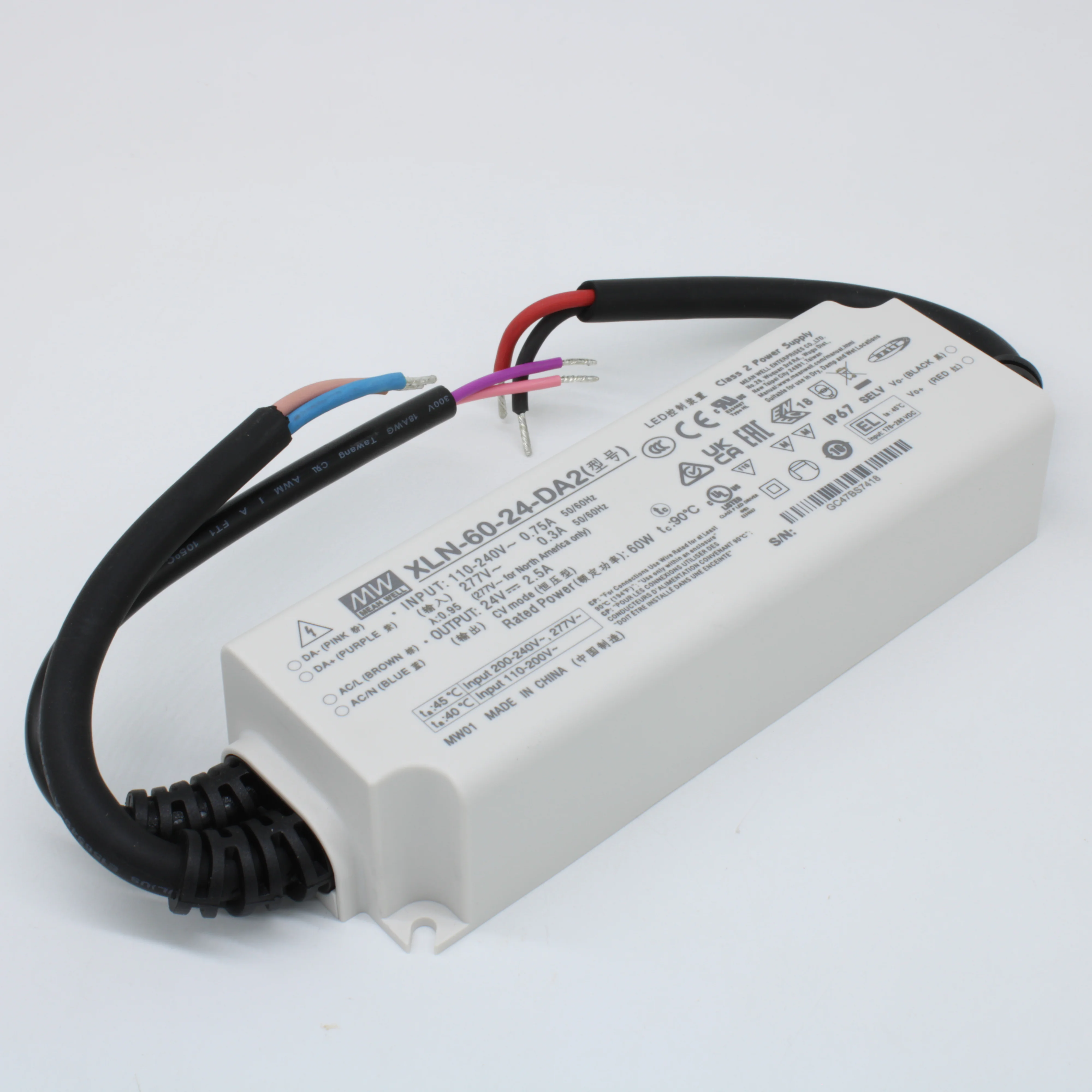 XLN-60-24-DA2 - AC-DC LED-драйвер, CV, 60Вт, вход 100…305В AC, 47…63Гц, выход 24В/2.5А, изоляция 3750В AC, DALI-2, IP67, 141.5х49х32мм, -25…+90°С